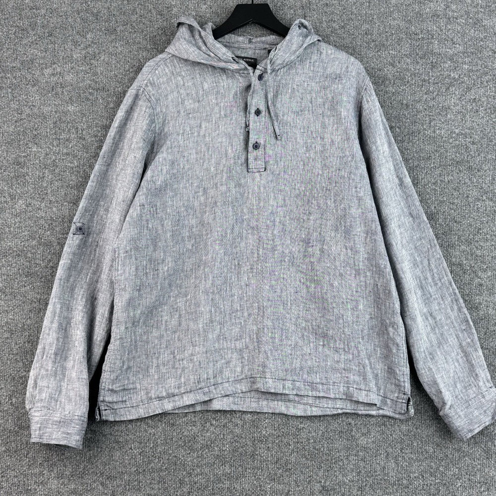 Saks Fifth Avenue Hoodie Mens L Gray 100% Linen Henley Tunic Roll Tab Pullover